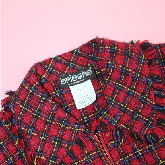 VTG 90s y2k Red/Black Plaid Tweed Fringe Boucle Zip-Up Blazer - Picture 5 of 9